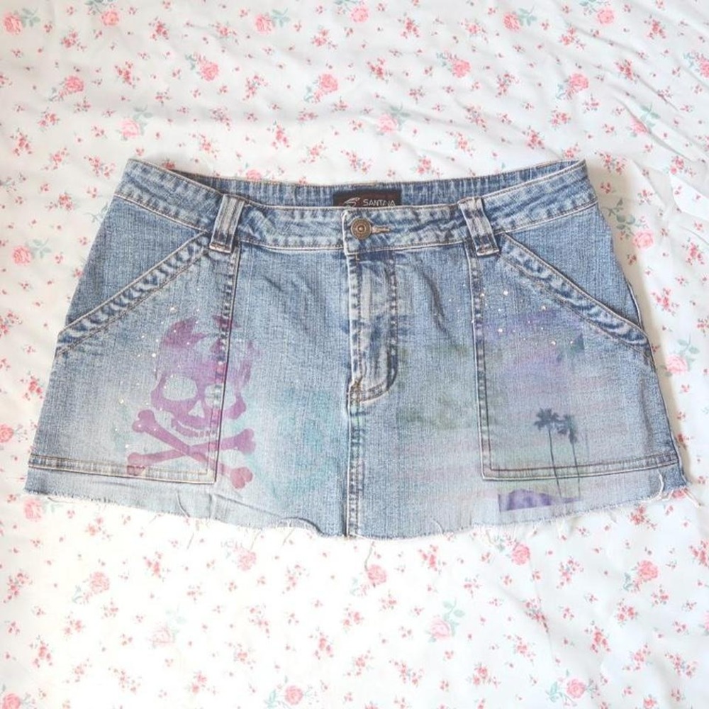 santana jeans graphic denim mini skirt skull palm tree rhinestone y2k